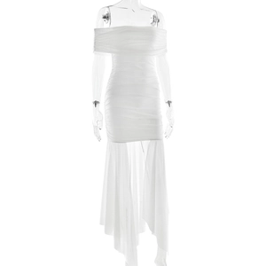 Detail of white off-the-shoulder pleated mini dress with irregular long chiffon streamer