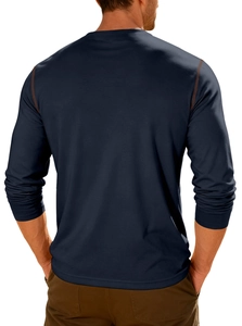 Rear view of navy blue long sleeve Henley shirt with orange contrast shoulder stitching