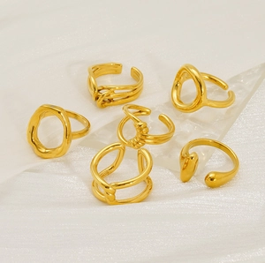 Collection of golden irregular open rings with abstract geometric and 18K gold plating
