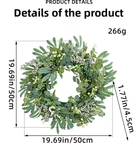 Detailed view of artificial eucalyptus wreath showing 50cm diameter and 266g weight