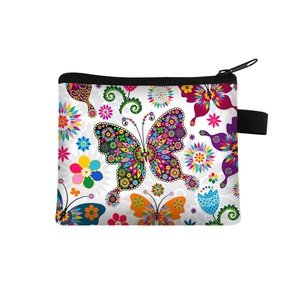 Portable butterfly print coin purse with colorful floral patterns and zipper closure