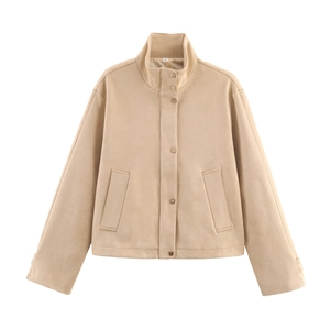 Veste vintage beige en similicuir pour femme avec col montant et poches boutonnées