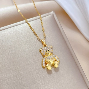 Elegant gold titanium teddy bear necklace fully paved with sparkling crystals for women