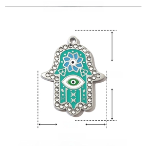 Detailed parameter view of silver Hamsa Hand pendant with blue enamel and rhinestones
