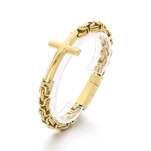 Vintage Byzantine chain bracelet with golden cross plate in polished titanium steel