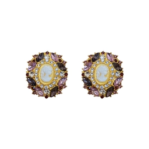 French vintage portrait earrings with multi-color crystals and geometric oval design