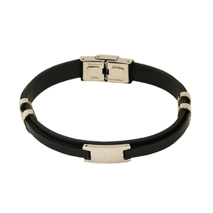 Men's minimalist stainless steel and black leather bracelet shown from 45-degree angle