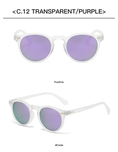 Front- und Seitenansicht der runden Vintage-Kinder-Sonnenbrille in Transparent-Lila