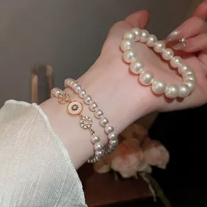Bracelet De Künstliche Perles Élégant Pour Femme Cuivre Plaqué Or 18K Zircon Mauvais Œil Charme Luxe Français Incrustation Coquille Bijoux