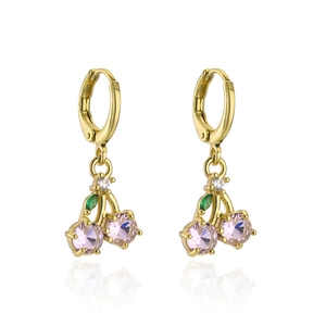 Chic 18K gold plated copper cherry earrings with pink and green zircon stones on white base