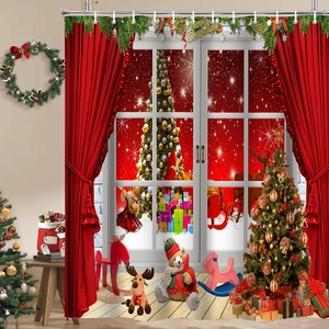 Detail of red Christmas shower curtain featuring festive trees and hanging metal rings