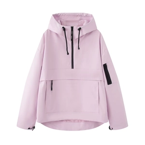 Women's light purple hooded windbreaker with quarter zip and front pocket detail