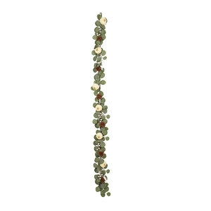 Artificial white pumpkin wreath with eucalyptus leaves, pine cones and berries on white background