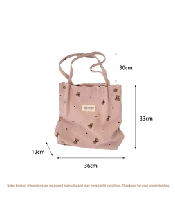 Corduroy tote bag size chart showing 36x33x12cm dimensions with pink bear embroidery
