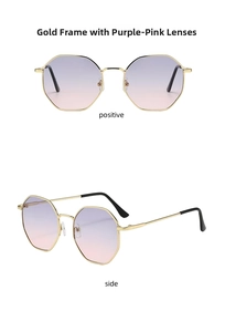 Front and side view of gold polygon sunglasses with purple-pink gradient lenses