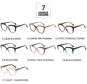 Cat eye TR90 anti-blue light glasses frames displayed in seven assorted color variants