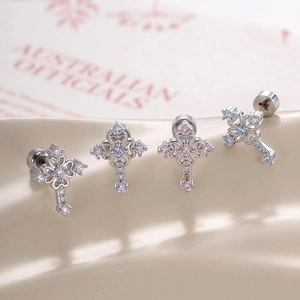 Cross Cartilage Earring Stud Titanium Steel Copper Cubic Zirconia Micro Paved Screw Back Flat Disk Piercing Jewelry For Women Men