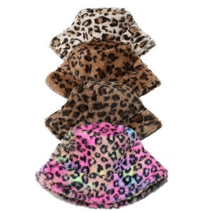 Plush leopard print faux fur bucket hats in various colors for winter warmth