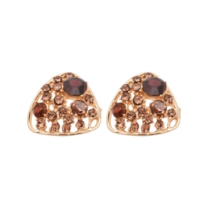 Retro triangle stud earrings with red and brown rhinestones in gold hollow setting