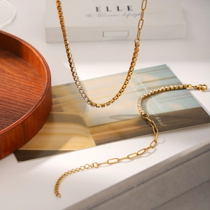 Elegant 18k gold plated stainless steel tennis and paperclip link chain necklace with zircons
