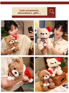 Close-up of small plush Christmas teddy bears wearing festive red hats and striped scarves