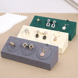 3-slot microfiber jewelry display set for rings and earrings in green, beige and grey
