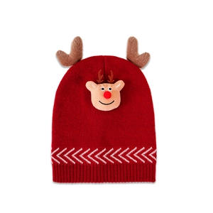Christmas Reindeer Knitted Beanie Hat With Plush Antlers Warm Red Acrylic Winter Cap For Women Men