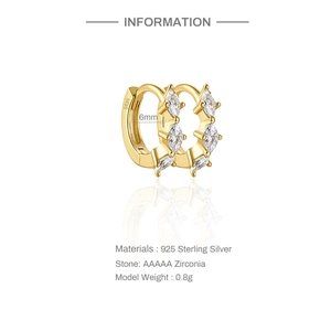 Detail view of 6mm S925 sterling silver gold hoop earrings with marquise zirconia