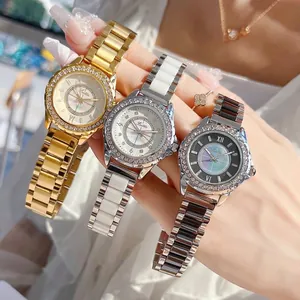 Elegant Scottie ladies watches with mother-of-pearl dial and crystal-studded bezels