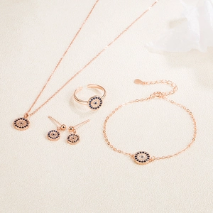 Rose gold S925 silver jewelry set featuring evil eye zircon necklace, ring and bracelet