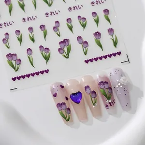 5D Embossed Nail Art Stickers Purple Tulip Flower Heart Design Stereoscopic Self Adhesive Decals Elegant Manicure Decoration