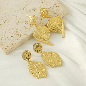 Stainless Steel 18K Gold Plated Hammered Texture Irregular Leaf Geometric Vintage Drop Earrings For Women