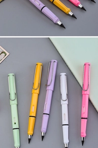 Detailed close-up showing multifaceted bodies and metal clips of five colorful inkless pencils