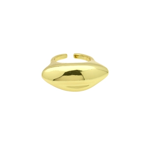 Detailed view of an 18K gold plated oval ring with a smooth polished finish and open design
