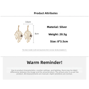 Detail specifications of golden leaf and butterfly drop earrings with S925 silver pins