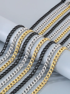 Detailed view of 9mm and 13mm Cuban link chains in gold, silver and black finish