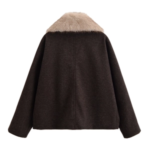 Back view of a dark brown wool coat with a luxurious detachable faux fur collar on white