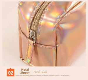 Detail of laser holographic makeup bag with smooth metal zipper and iridescent finish