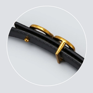Minimalist black leather belt with a vintage gold metal buckle for dresses and suits