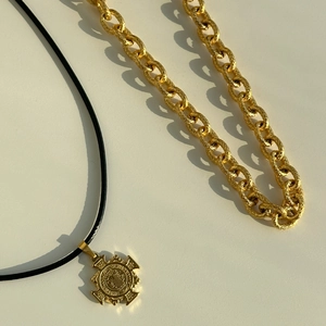 Retro 18k gold plated stainless steel cross medal pendant with black leather cord necklace