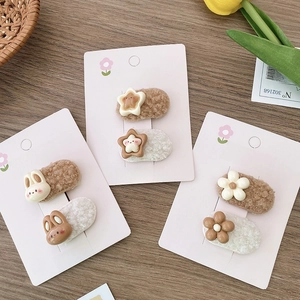 Cute plush cartoon rabbit and star hair clips set in brown and beige colors