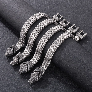 Nordic Viking animal head bracelets in silver stainless steel with punk metal chain links