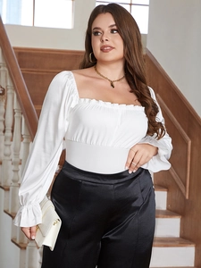 Body Femme Grande Taille Satin Manches Longues Col Carré Dos Nu Lacé Élégant Coupe Ajustée Haut Mode Décontracté Élégant Body