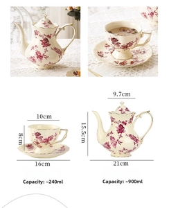 Détails du service à thé vintage en céramique avec motifs roses, dorure et dimensions