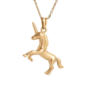 Golden sandblasted unicorn animal pendant necklace in high-quality polished metal