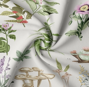 Macro shot showing soft cotton linen fabric texture with vintage botanical mushroom prints
