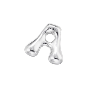 Polished silver letter A bubble pendant with 3D metallic texture on white background