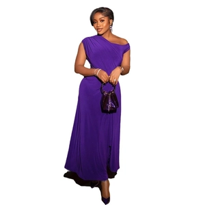 Elegant purple one-shoulder sleeveless maxi dress with matching handbag for women