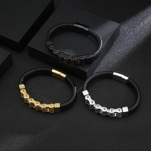 Detail of braided leather bracelets with stainless steel bike chain links in three colors