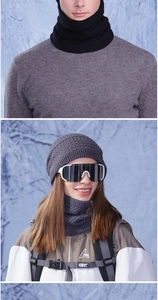 Winter fleece-lined knit hat and neck warmer set shown in a snowy outdoor ski scene